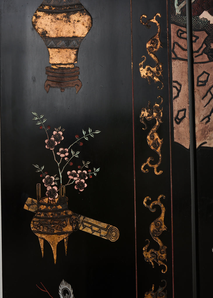 Chinese Export Eight Panel Coromandel Screen Pagoda Courtyard