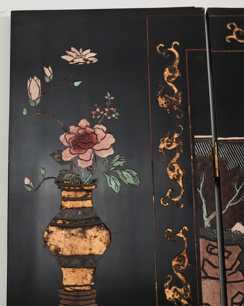 Chinese Export Eight Panel Coromandel Screen Pagoda Courtyard