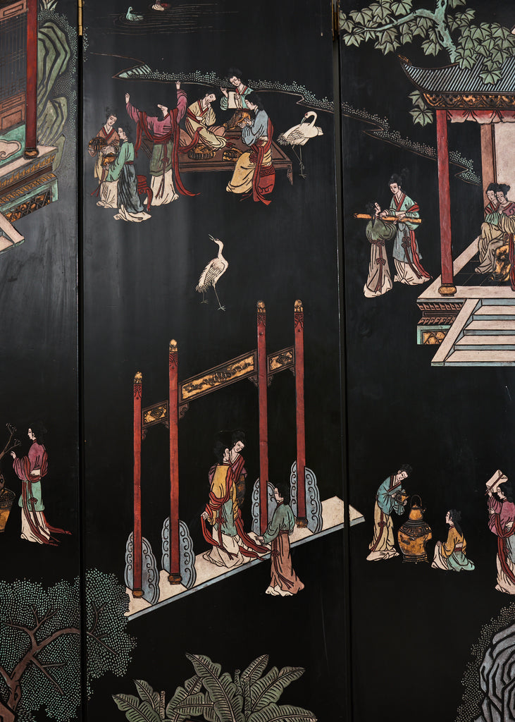 Chinese Export Eight Panel Coromandel Screen Pagoda Courtyard