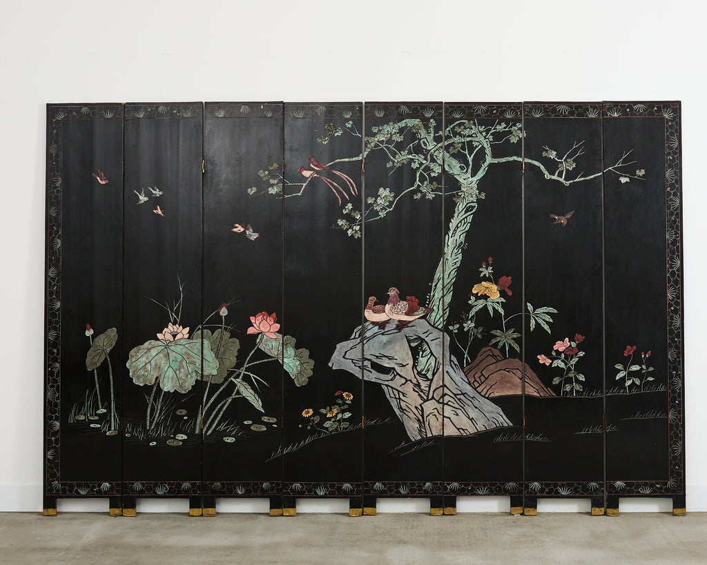 Chinese Export Eight Panel Coromandel Screen Pagoda Courtyard