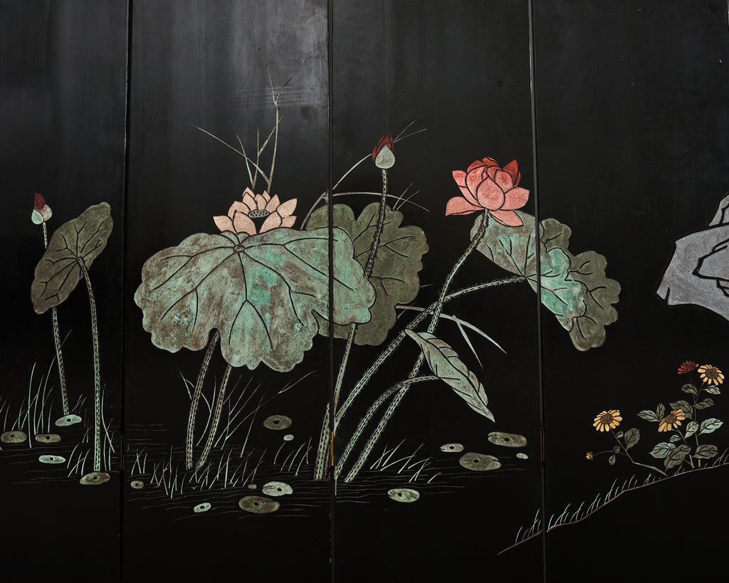 Chinese Export Eight Panel Coromandel Screen Pagoda Courtyard