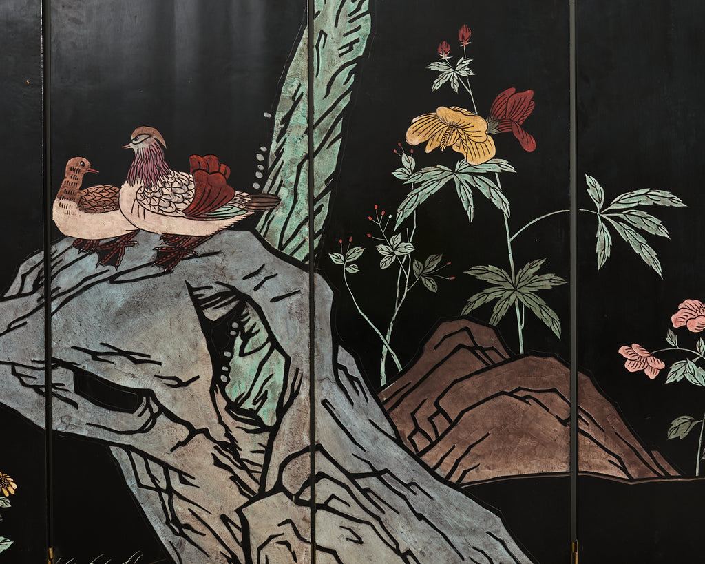 Chinese Export Eight Panel Coromandel Screen Pagoda Courtyard