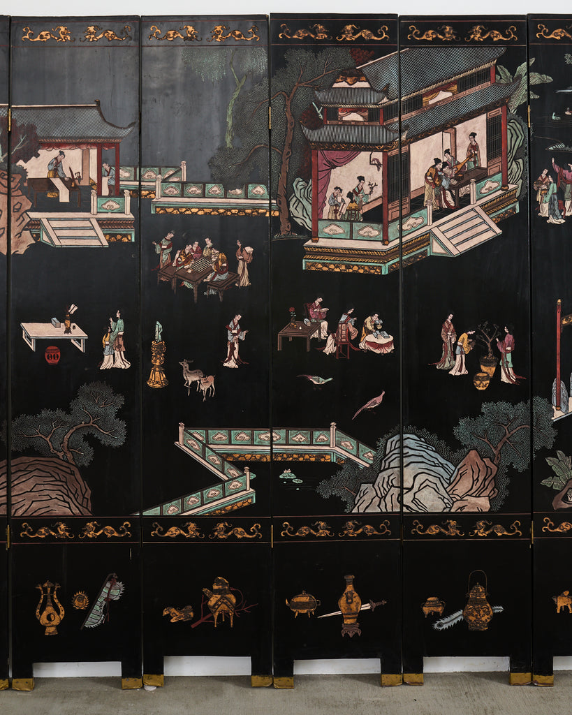Chinese Export Eight Panel Coromandel Screen Pagoda Courtyard