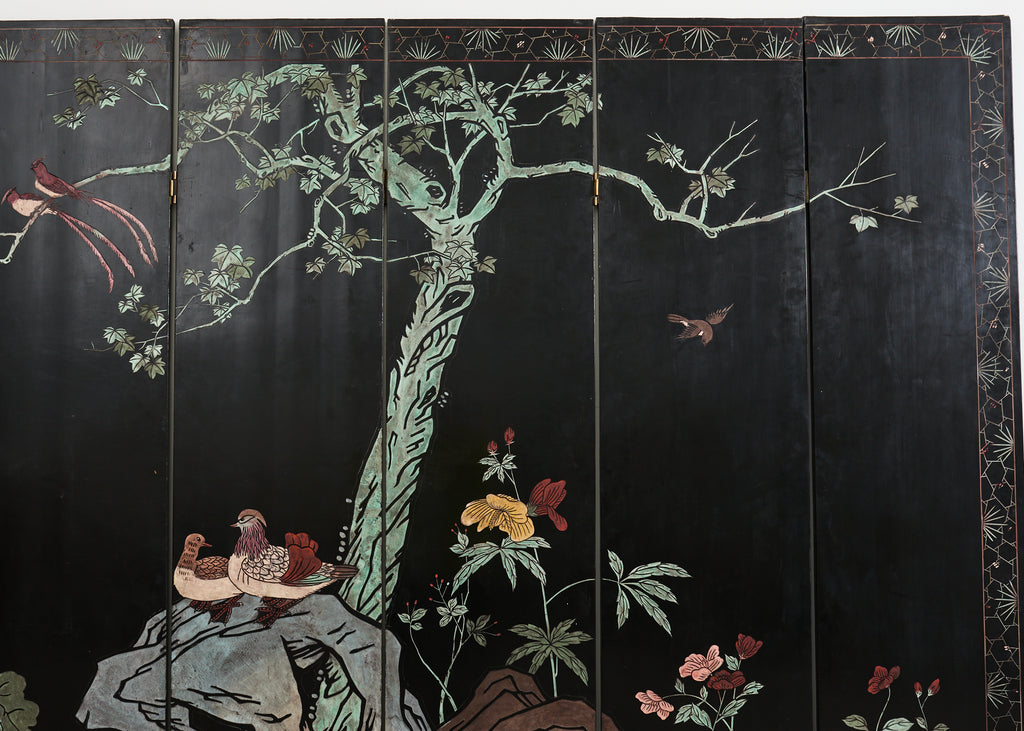 Chinese Export Eight Panel Coromandel Screen Pagoda Courtyard