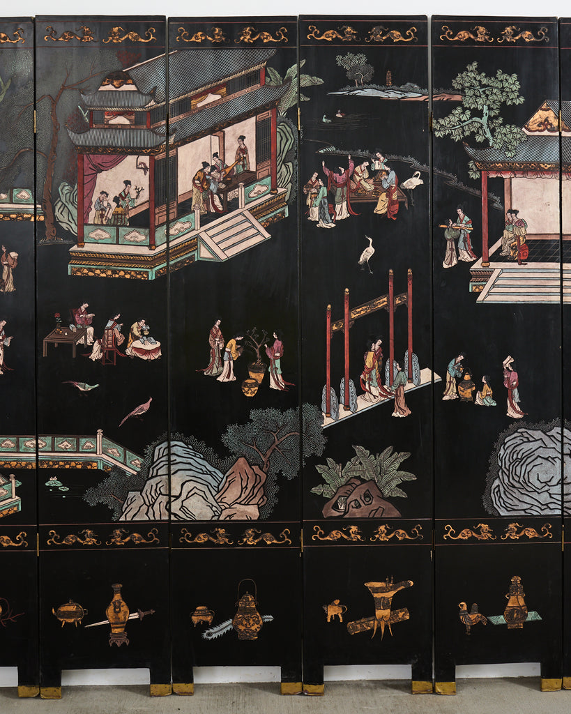 Chinese Export Eight Panel Coromandel Screen Pagoda Courtyard