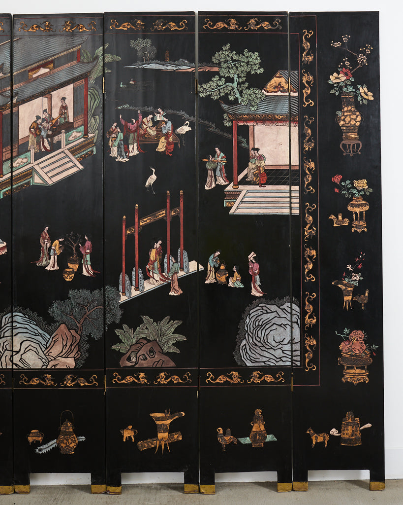 Chinese Export Eight Panel Coromandel Screen Pagoda Courtyard