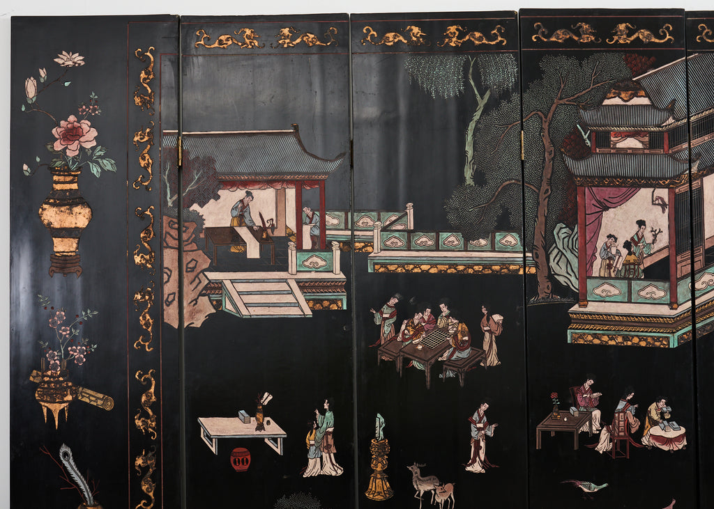 Chinese Export Eight Panel Coromandel Screen Pagoda Courtyard