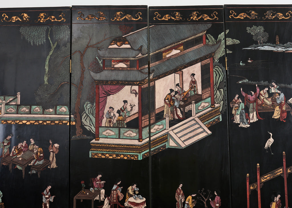 Chinese Export Eight Panel Coromandel Screen Pagoda Courtyard