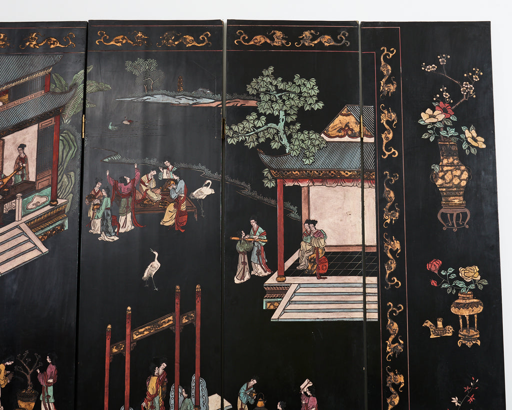 Chinese Export Eight Panel Coromandel Screen Pagoda Courtyard