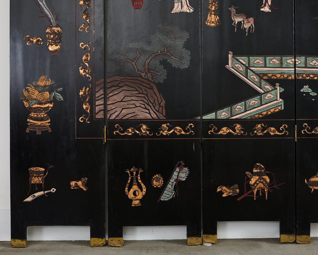 Chinese Export Eight Panel Coromandel Screen Pagoda Courtyard