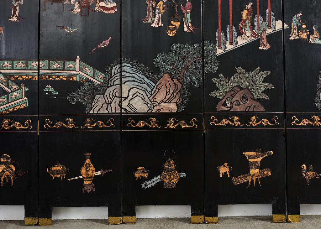 Chinese Export Eight Panel Coromandel Screen Pagoda Courtyard