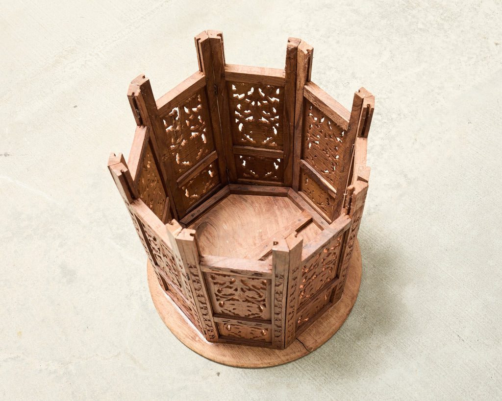 Moorish Style Carved Teak Inlaid Round Tabouret Drink Table