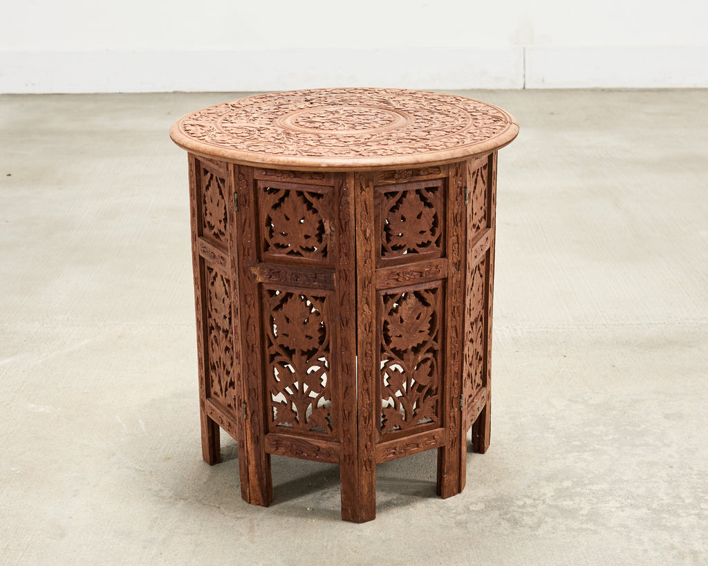 Moorish Style Carved Teak Inlaid Round Tabouret Drink Table