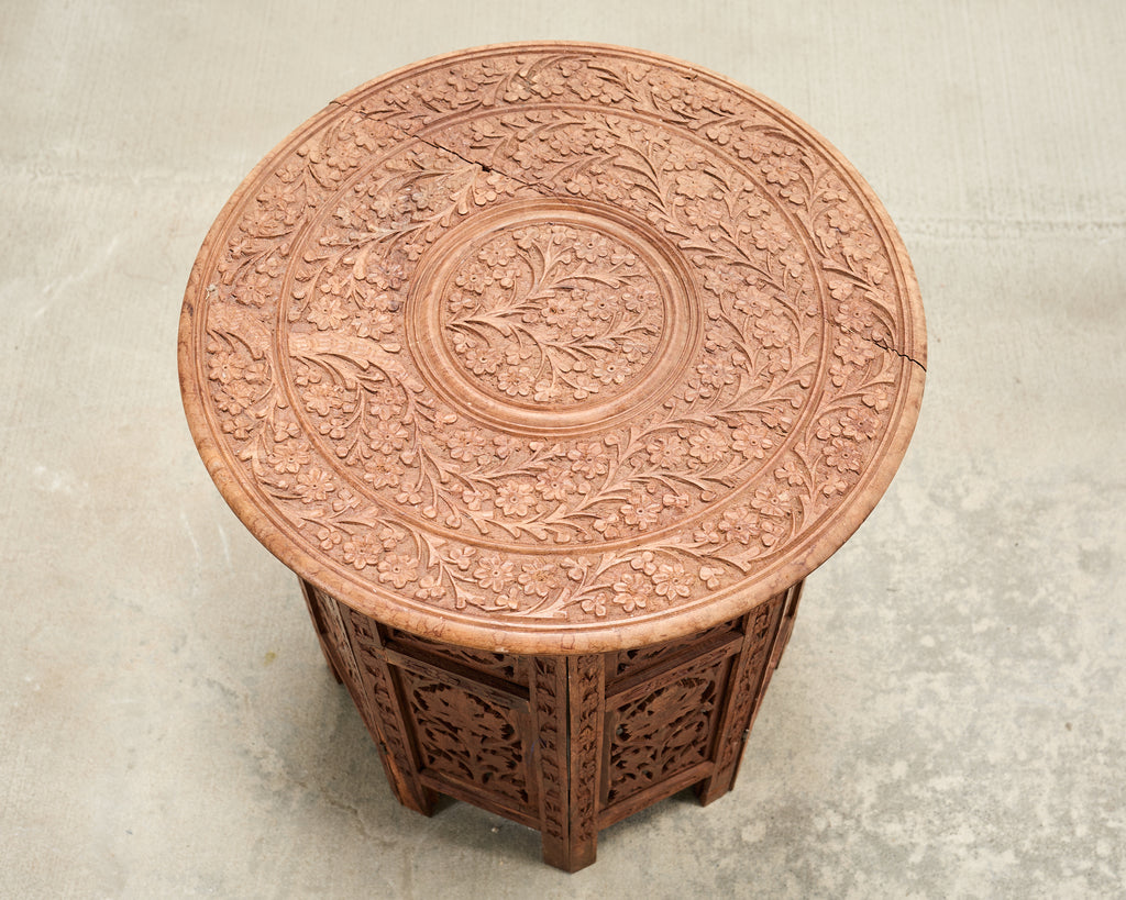 Moorish Style Carved Teak Inlaid Round Tabouret Drink Table