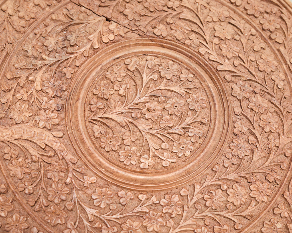 Moorish Style Carved Teak Inlaid Round Tabouret Drink Table