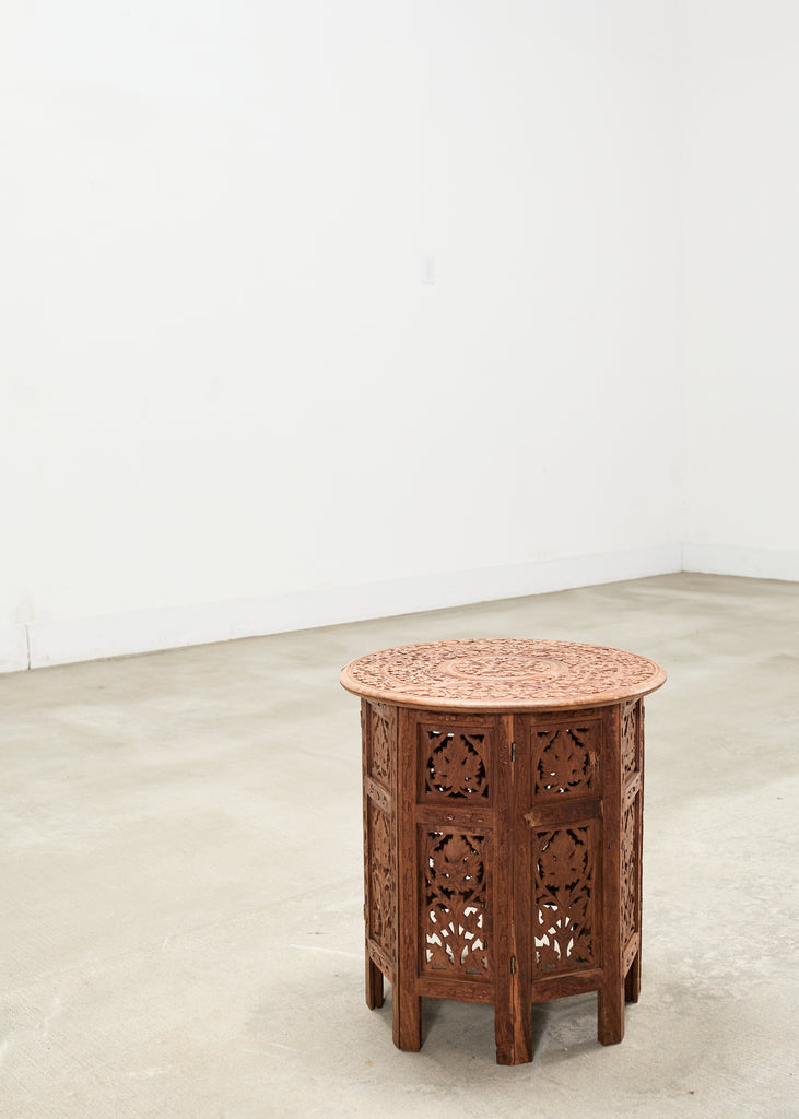 Moorish Style Carved Teak Inlaid Round Tabouret Drink Table
