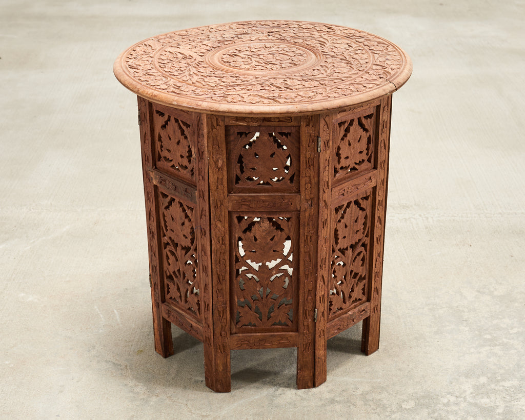 Moorish Style Carved Teak Inlaid Round Tabouret Drink Table