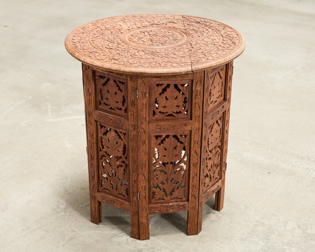 Moorish Style Carved Teak Inlaid Round Tabouret Drink Table