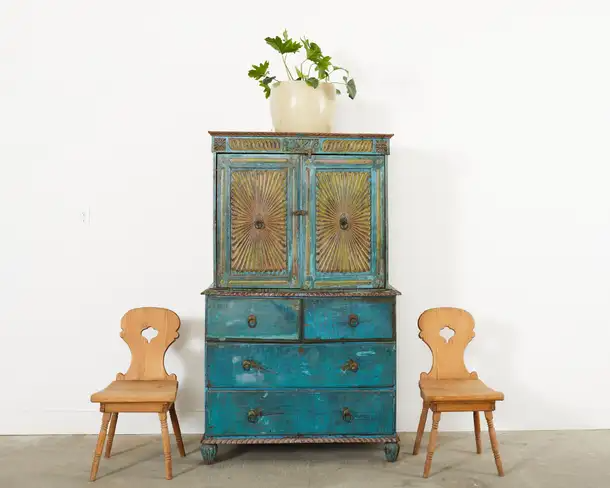 Set of Four 19th Century Primitive Swedish Folk Art Pine Chairs