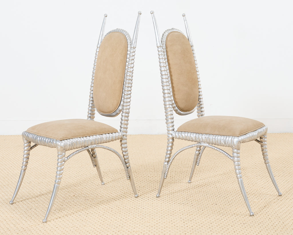 Set of Four Arthur Court Horned Antler Aluminum Dining Chairs