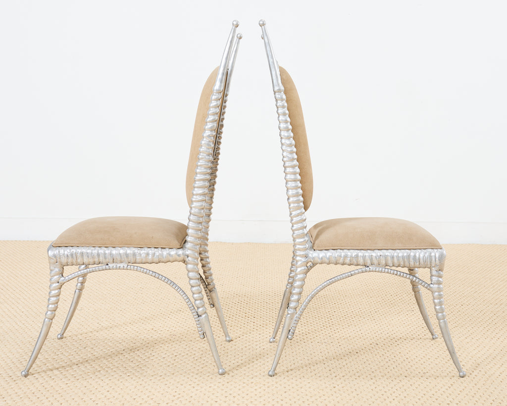 Set of Four Arthur Court Horned Antler Aluminum Dining Chairs