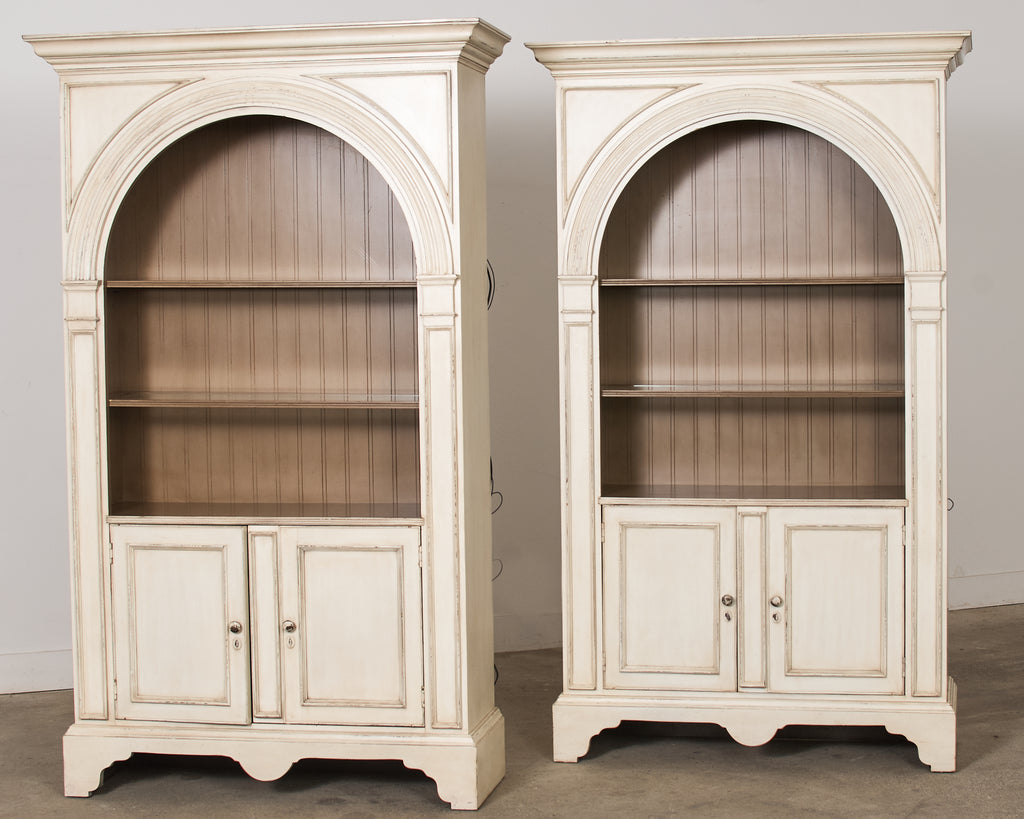 Pair of Baker Architectural Neoclassical Style Painted Library Bookcases