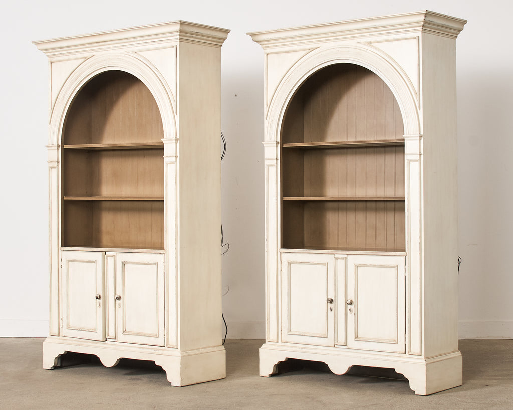 Pair of Baker Architectural Neoclassical Style Painted Library Bookcases