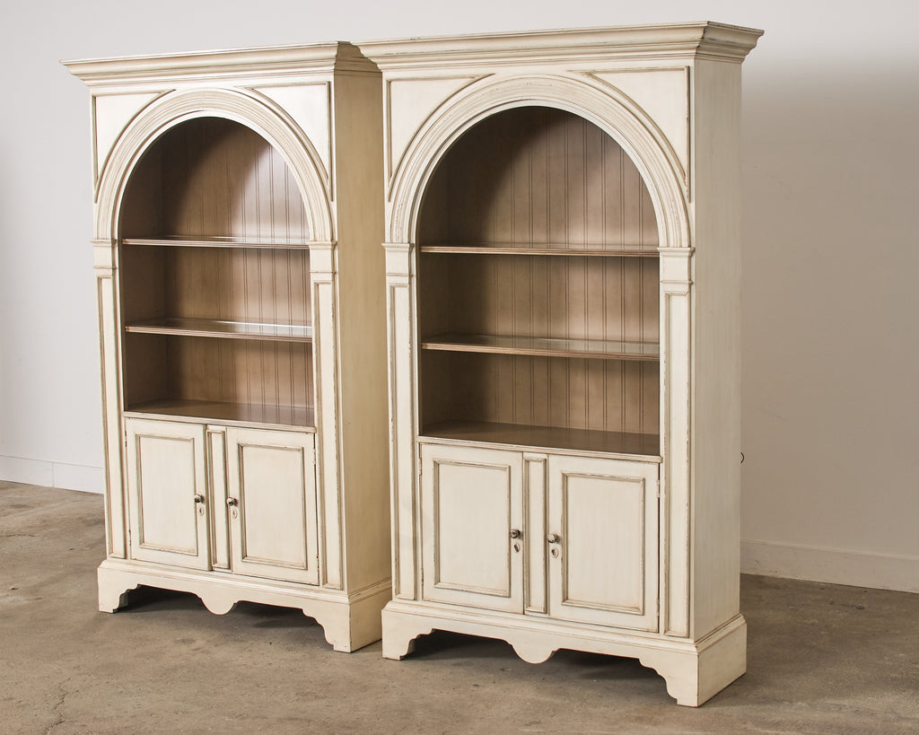 Pair of Baker Architectural Neoclassical Style Painted Library Bookcases