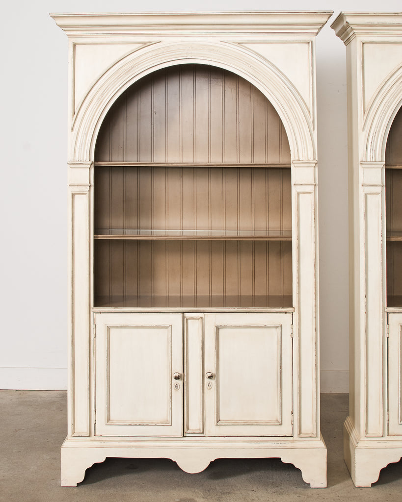 Pair of Baker Architectural Neoclassical Style Painted Library Bookcases