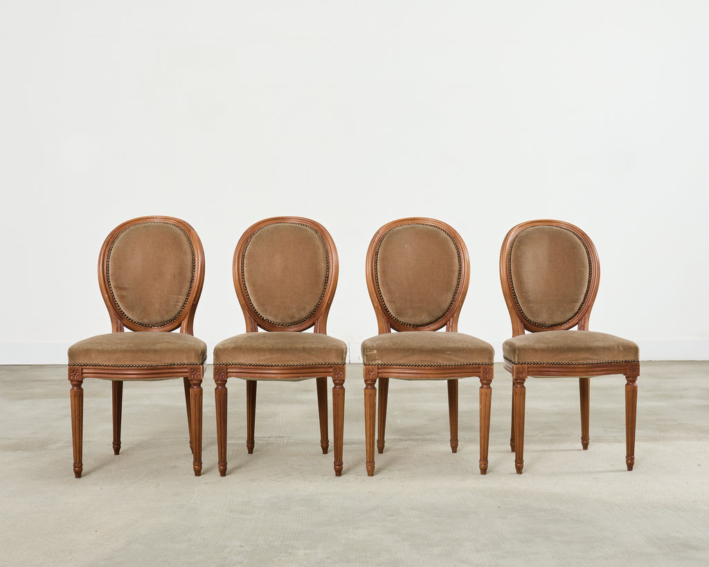 Set of Four French Louis XVI Style Dining Chairs with Brown Mohair
