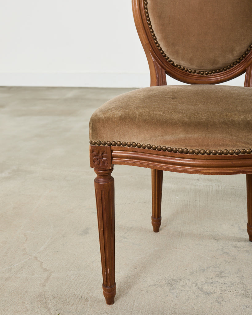 Set of Four French Louis XVI Style Dining Chairs with Brown Mohair