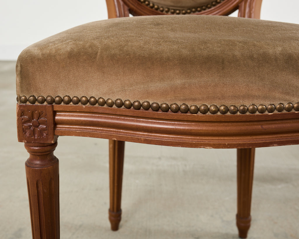 Set of Four French Louis XVI Style Dining Chairs with Brown Mohair