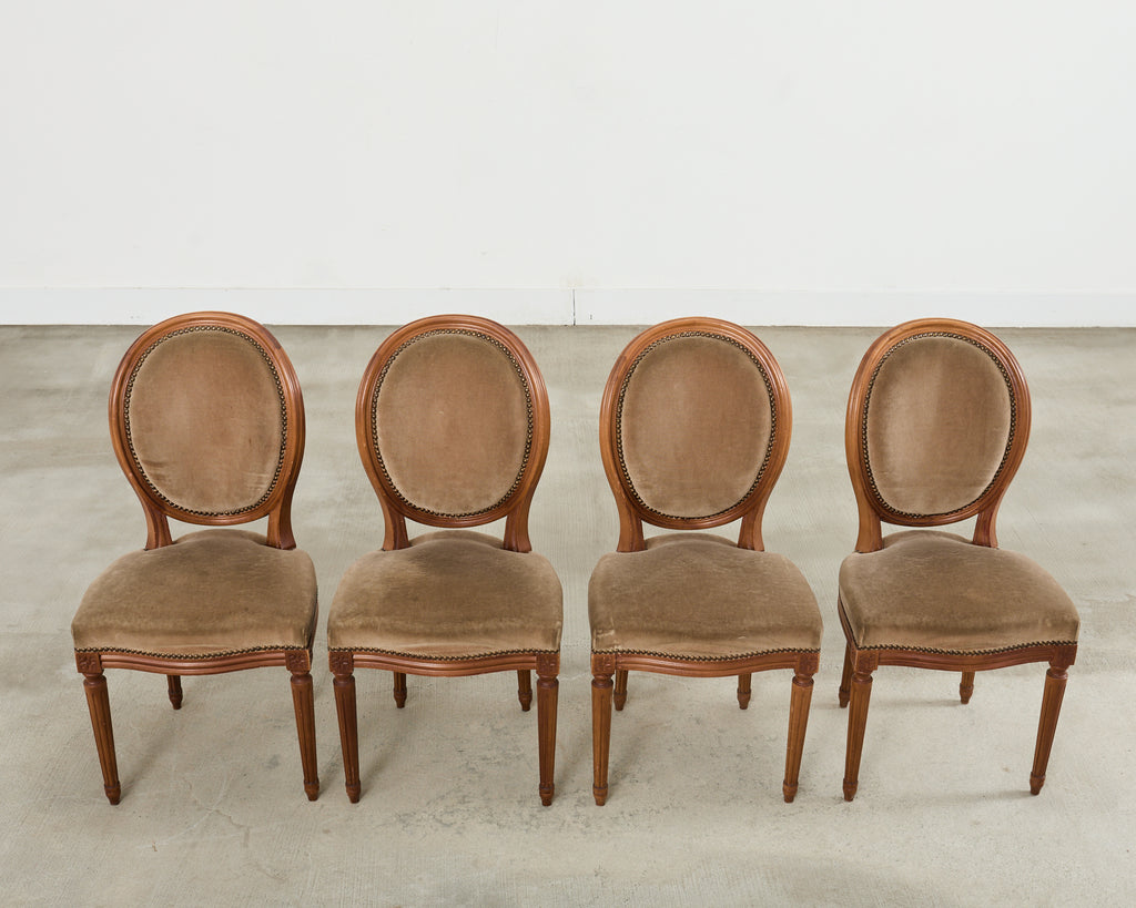 Set of Four French Louis XVI Style Dining Chairs with Brown Mohair
