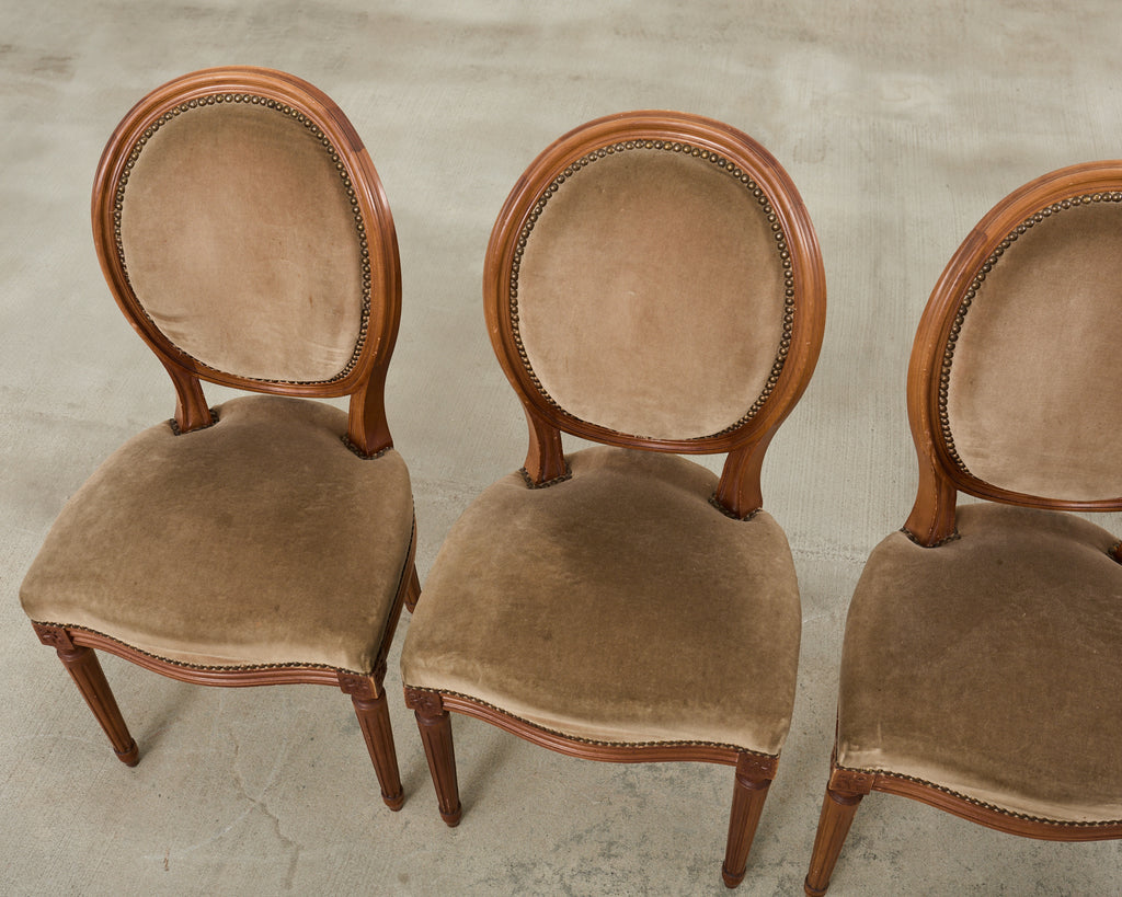 Set of Four French Louis XVI Style Dining Chairs with Brown Mohair