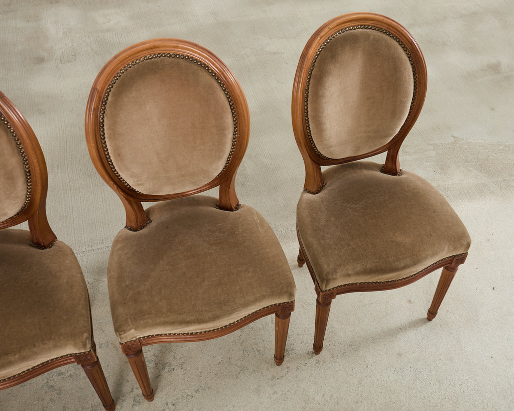 Set of Four French Louis XVI Style Dining Chairs with Brown Mohair