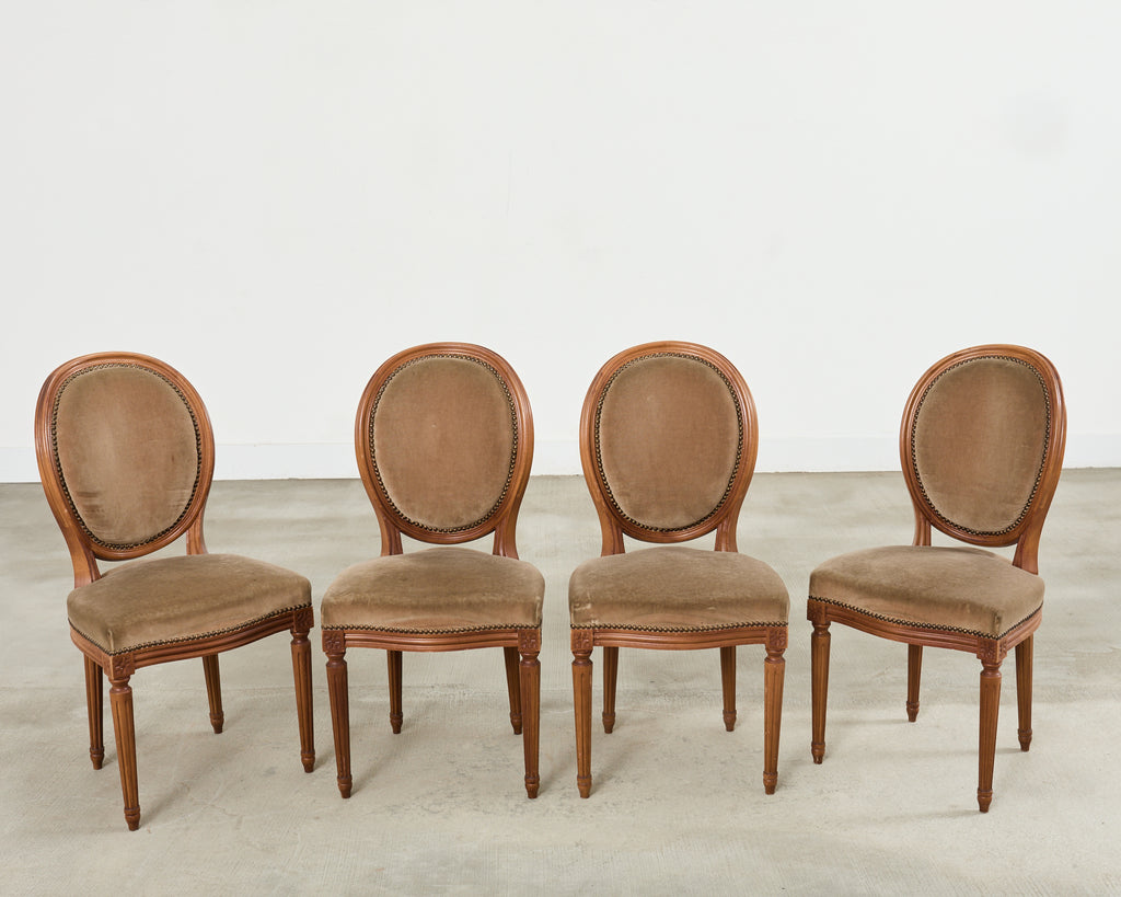 Set of Four French Louis XVI Style Dining Chairs with Brown Mohair