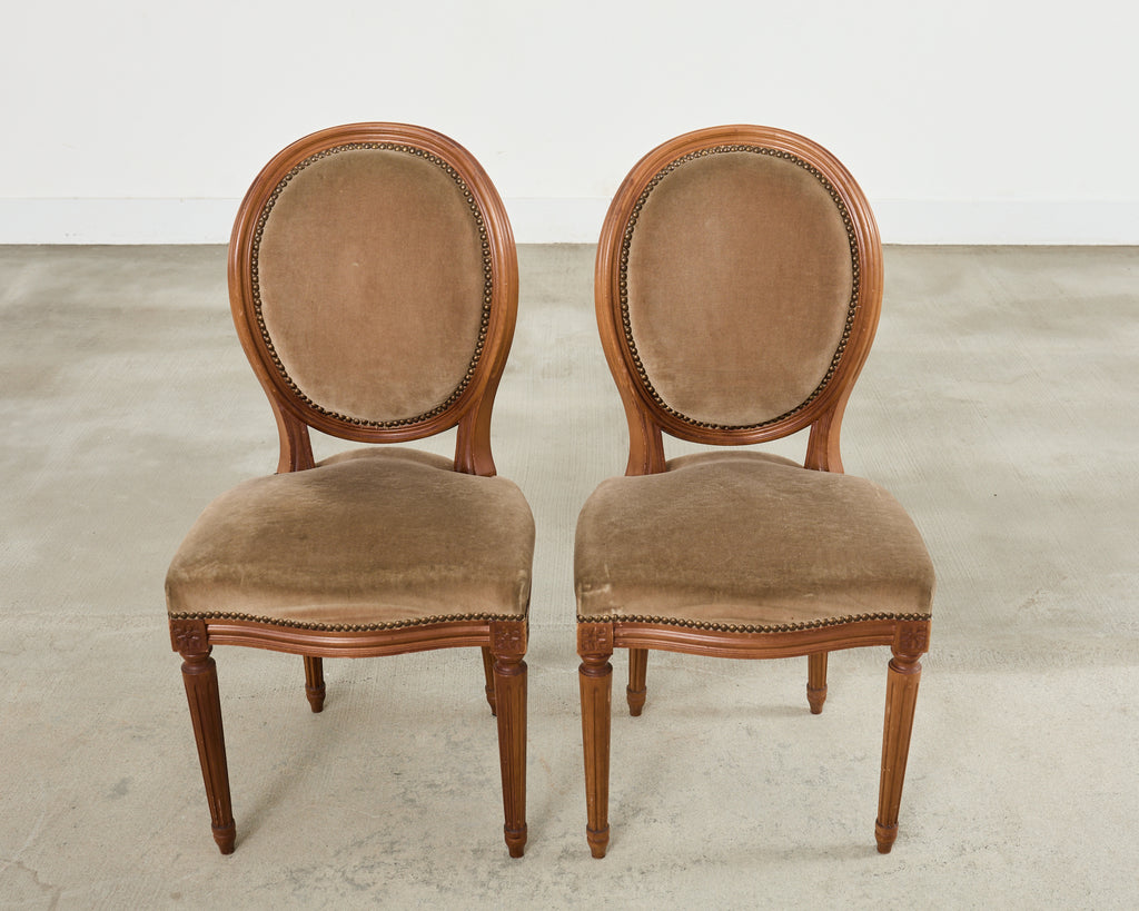 Set of Four French Louis XVI Style Dining Chairs with Brown Mohair