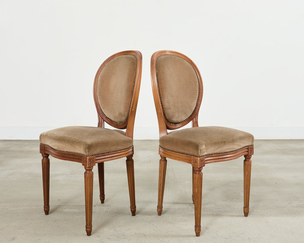 Set of Four French Louis XVI Style Dining Chairs with Brown Mohair