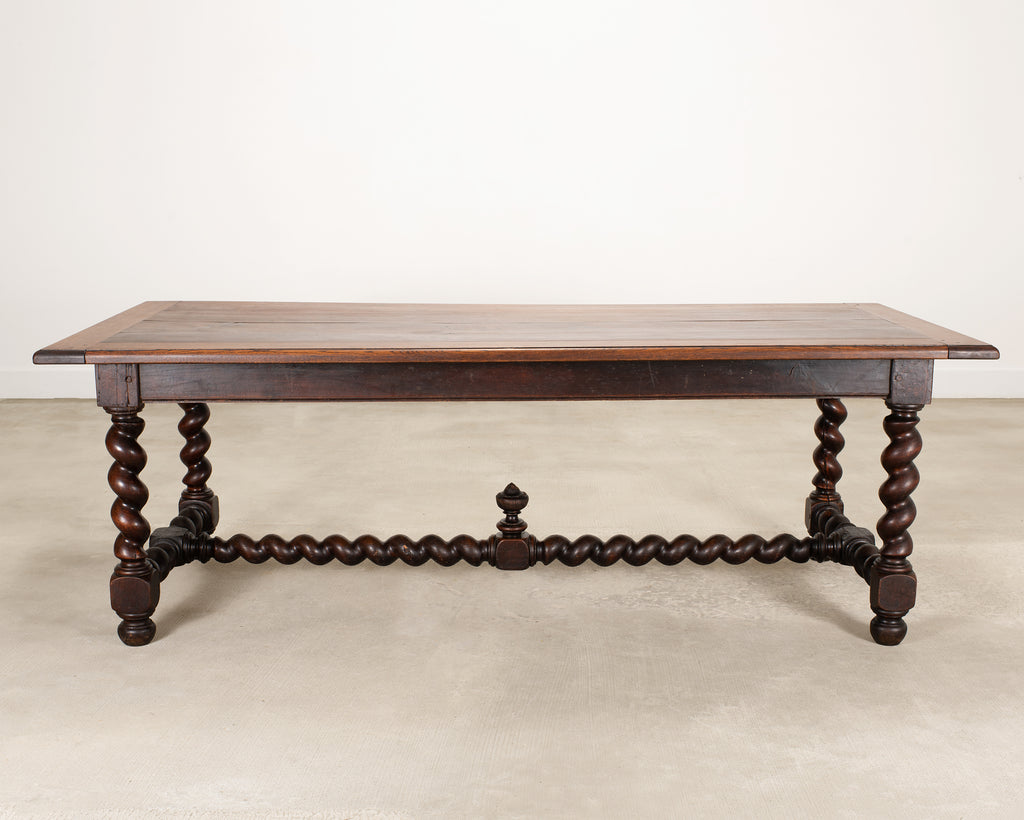 19th C. French Louis XVIII Style Oak Barley Twist Dining Table 7 Ft