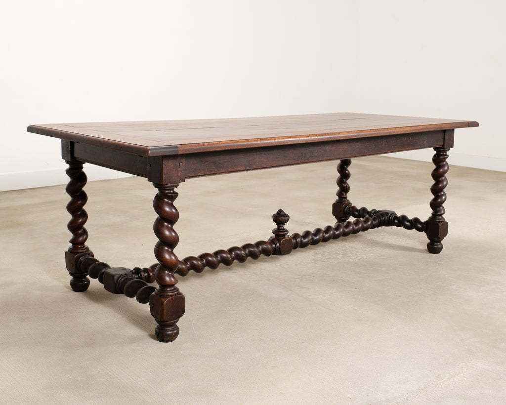 19th C. French Louis XVIII Style Oak Barley Twist Dining Table 7 Ft