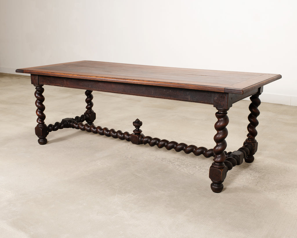 19th C. French Louis XVIII Style Oak Barley Twist Dining Table 7 Ft