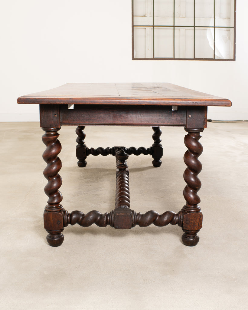19th C. French Louis XVIII Style Oak Barley Twist Dining Table 7 Ft