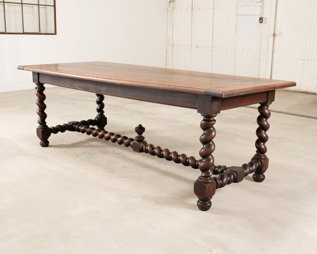 19th C. French Louis XVIII Style Oak Barley Twist Dining Table 7 Ft