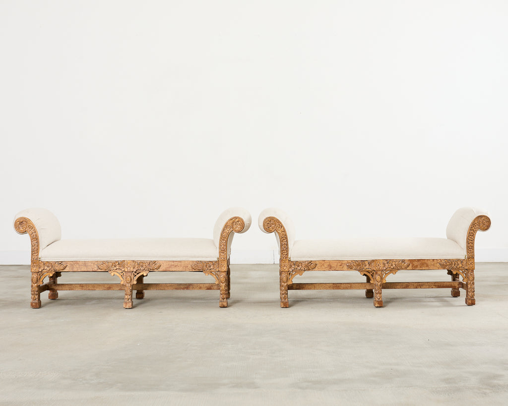 Pair of Italian Baroque Style Scroll Arm Benches 5 Ft.