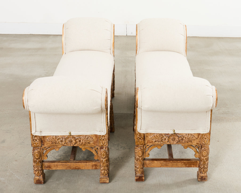 Pair of Italian Baroque Style Scroll Arm Benches 5 Ft.