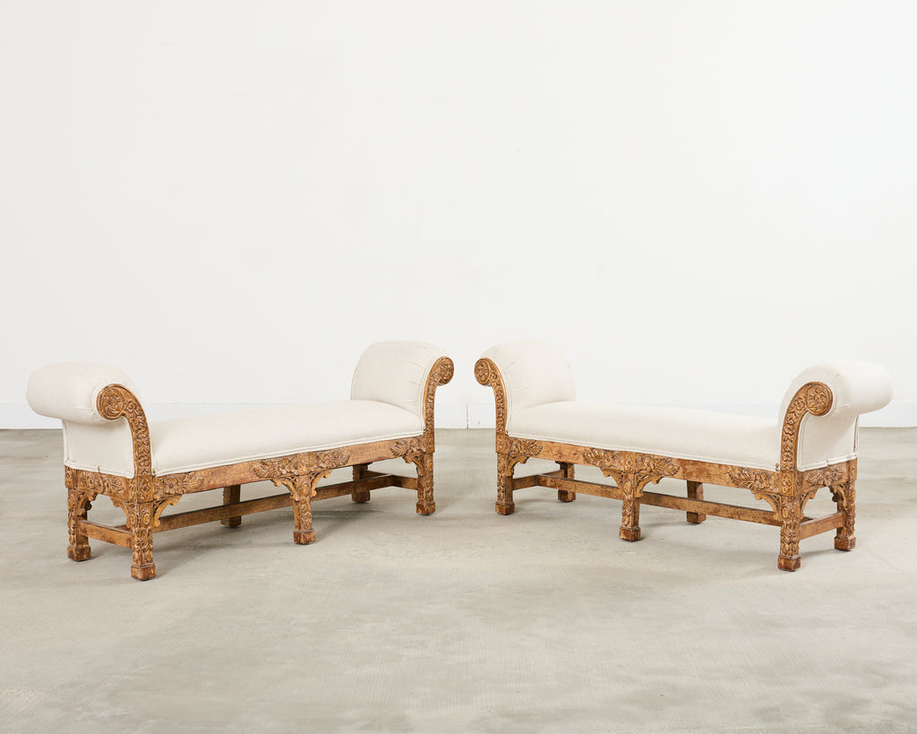 Pair of Italian Baroque Style Scroll Arm Benches 5 Ft.