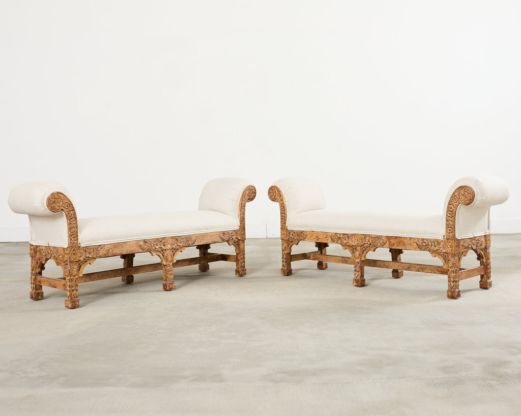 Pair of Italian Baroque Style Scroll Arm Benches 5 Ft.