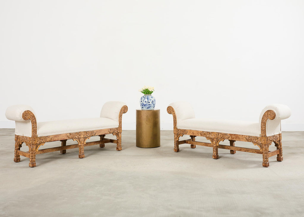 Pair of Italian Baroque Style Scroll Arm Benches 5 Ft.