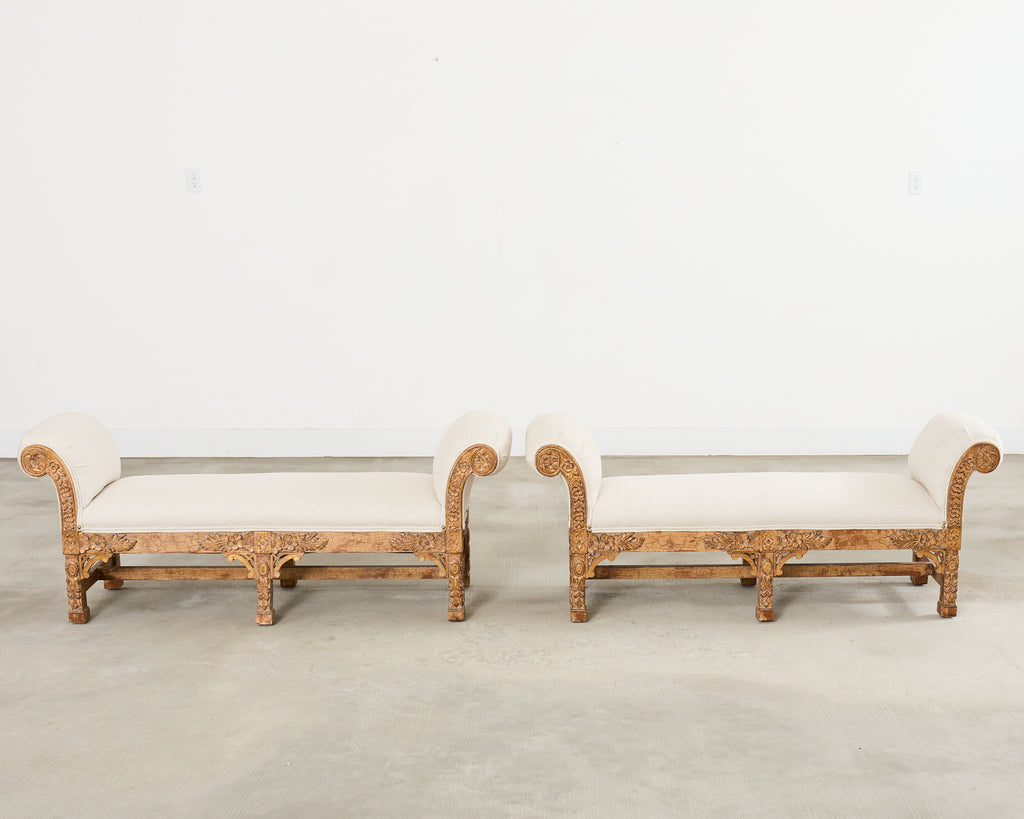 Pair of Italian Baroque Style Scroll Arm Benches 5 Ft.