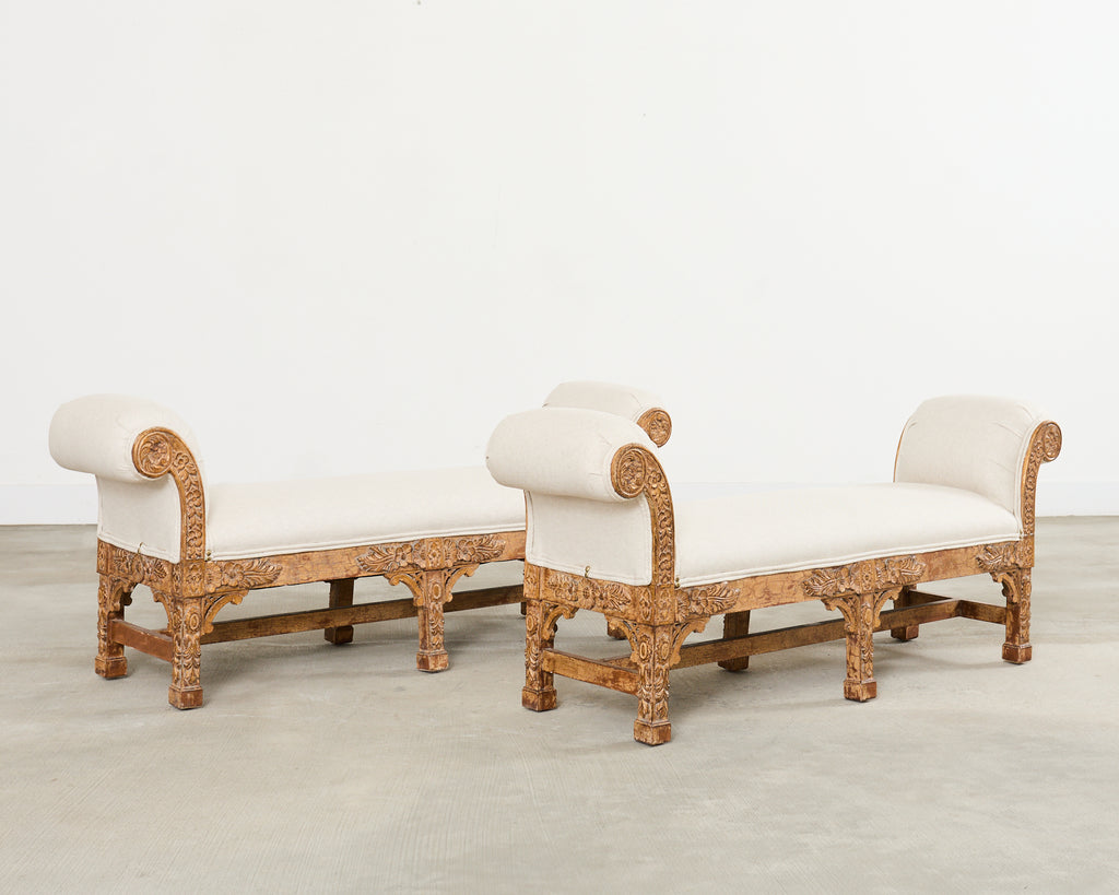 Pair of Italian Baroque Style Scroll Arm Benches 5 Ft.